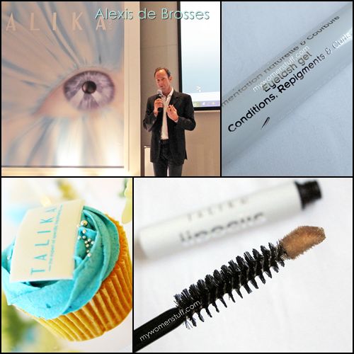 Clockwise from Top Left: Mr. Alexis de Brosses, President and Owner of Talika, Talika Lipocils Expert functions, Lipocils Expert Brush, Talika cupcakes!
