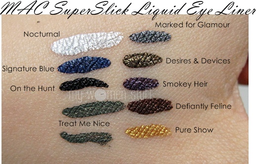 mac superslick liquid eyeliner swatch all colours