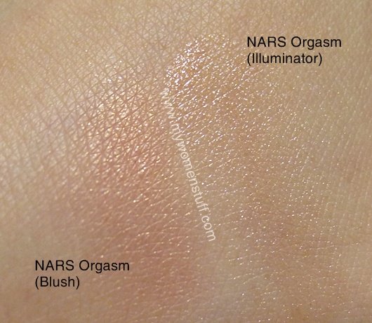 swatches nars orgasm blush compared with orgasm illuminator