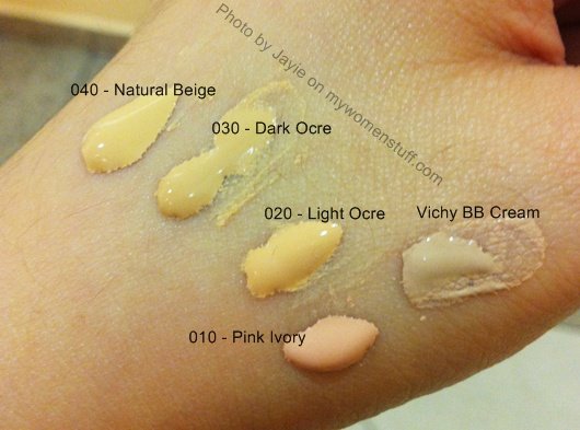 swatches of Vichy Aera Teint foundation all shades compared to bb cream