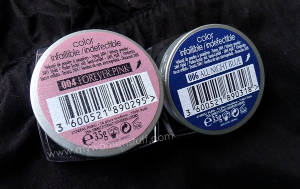 l'oreal infallible color eyeshadow forever pink and all night blue 