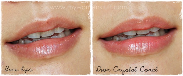 dior crystal coral voluptuous lipcare lipbalm swatches before after on lips