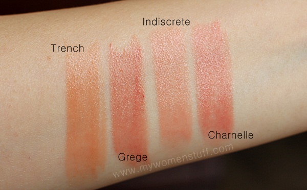 rouge dior nude lipstick swatches - trench, grege, indiscrete, charnelle