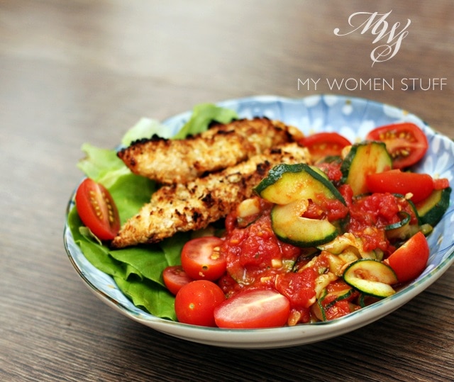 courgette pasta in tomato sauce and chicken tenders