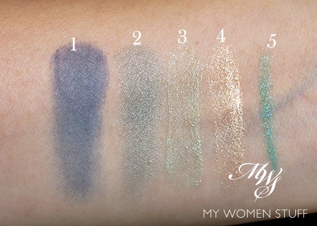 swatches dior parati, feather, bamboo, golden sand, aqua green liner