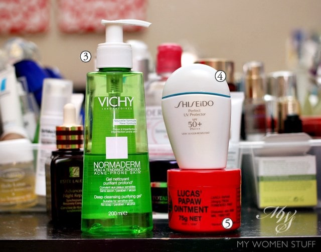vichy normaderm cleanser, shiseido perfect UV sunblock, Lucas Papaw Ointment