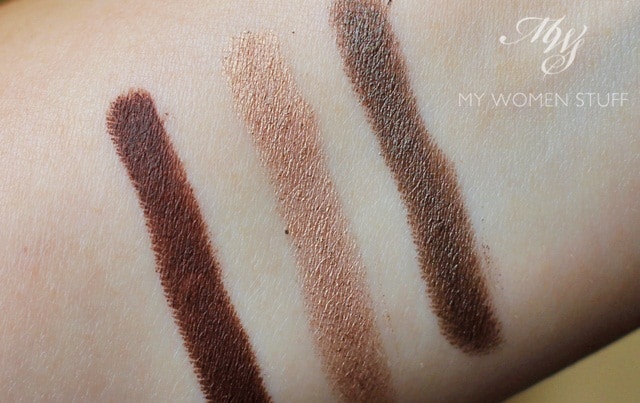 laura mercier caviar stick eyeshadow swatches - cocoa, sunglow, khaki