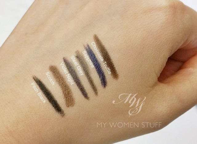 bobbi brown perfectly defined gel eyeliner pencil pitch black, scotch, violet night, sapphire, steel grey, chocolate truffle swatches