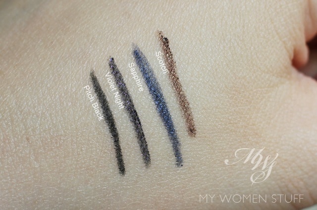 bobbi brown perfectly defined gel eyeliner pencil pitch black, scotch, violet night, sapphire swatches