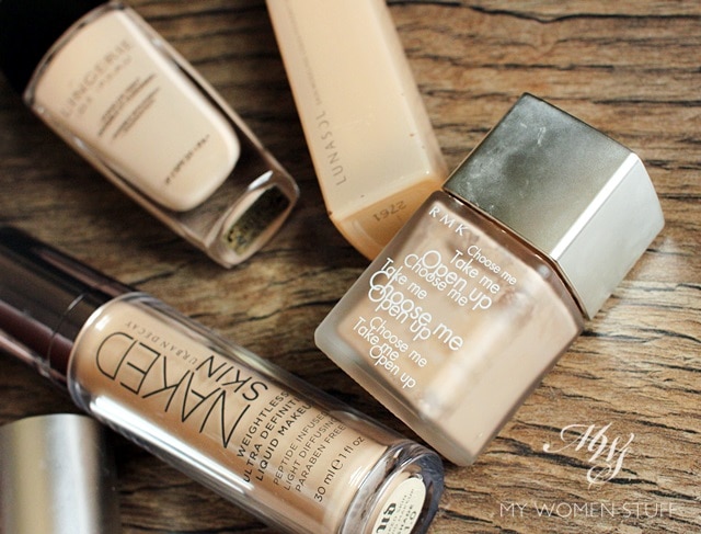 RMK liquid foundation, lunasol foundation, urban decay naked skin, guerlain lingerie de peau