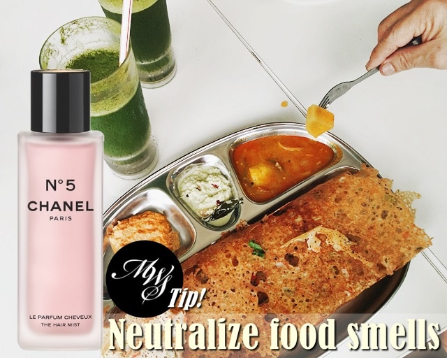 Tip: Use a travel/sample perfume spray to neutralize food smells from hair  and clothing - My Women Stuff
