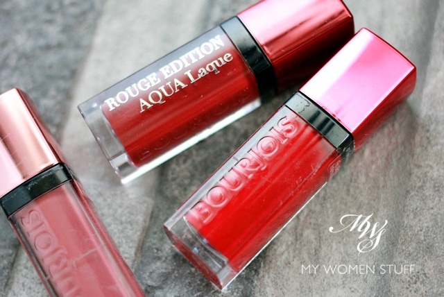 bourjois rouge edition aqua laque swatches - 07 fuchsia perche, 02 rose on the rocks, 03 brun croyable