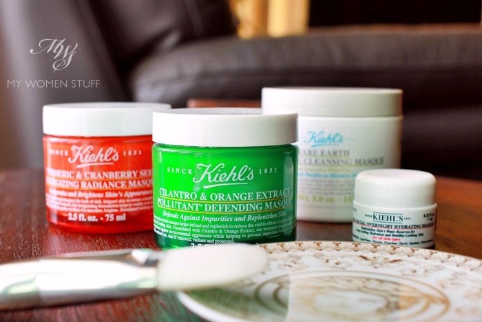 kiehl's cilantry & orange mask, cranberry & turmeric mask, clay mask and hydrating mask