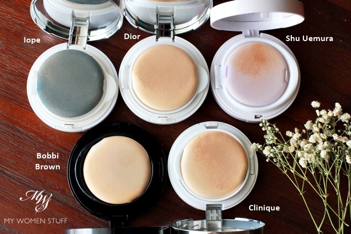 cushion foundation roundup comparisons: Iope, Dior, Clinique, Bobbi Brown, Shu Uemura