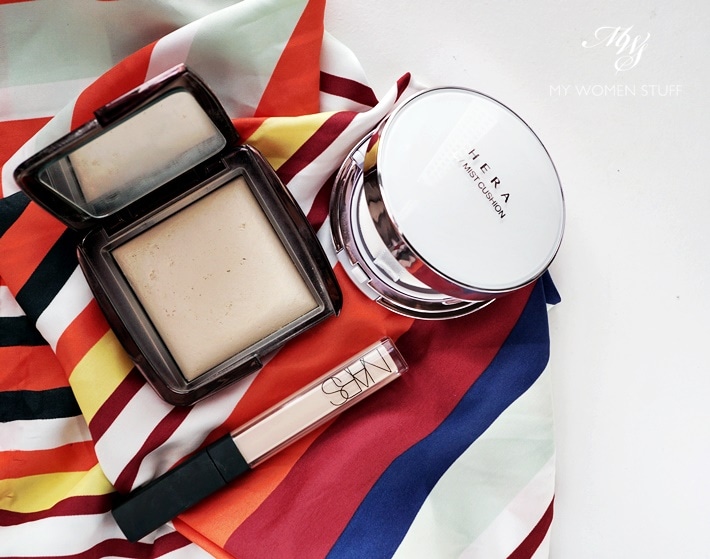 hera uv mist cushion, nars concealer, hourglass ambient light diffused
