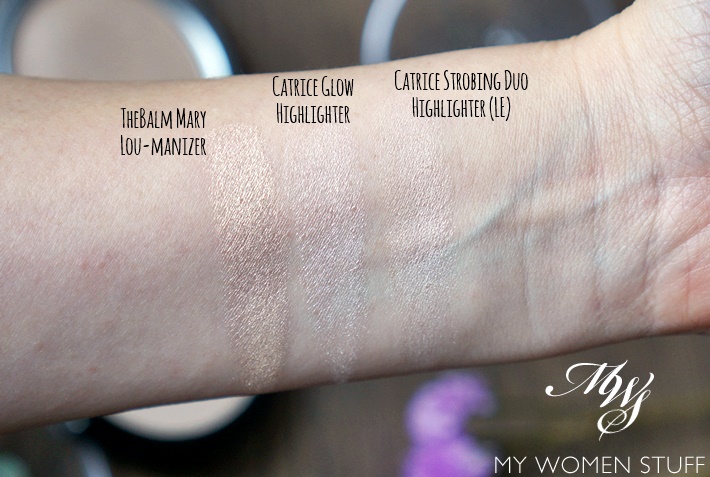 swatches mary lou manizer, catrice high glow highlighting powder