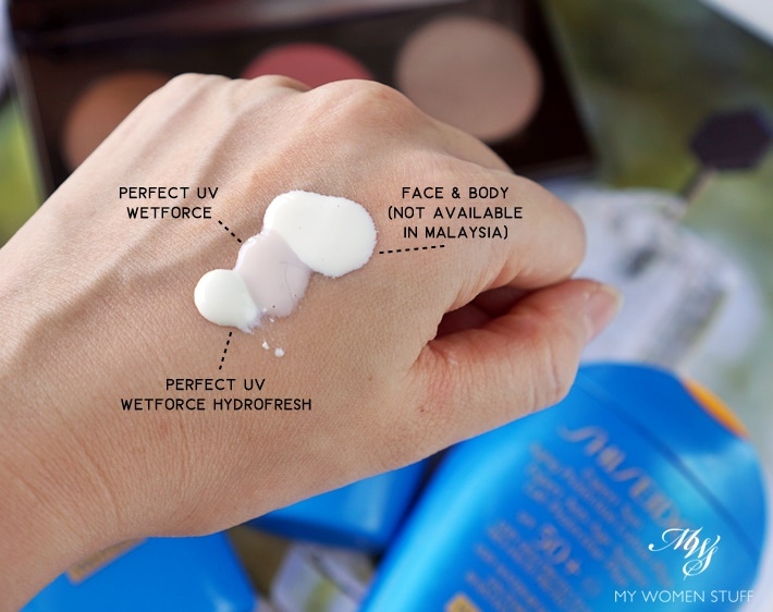 Shiseido Perfect UV Protector Hydrofresh swatch compare