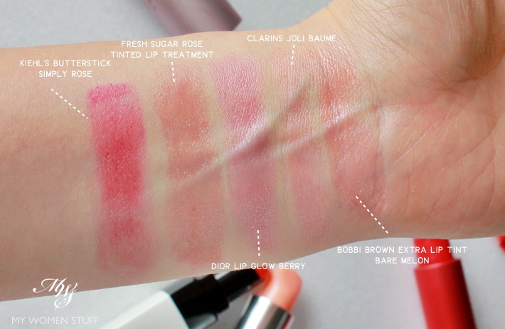 tinted lip balm kiehls butterstick, fresh sugar, clarins joli baume, bobbi brown extra tint, dior lip glow swatches