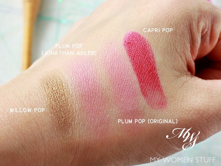 clinique jonathan adler plum pop, capri pop, willow pop swatch