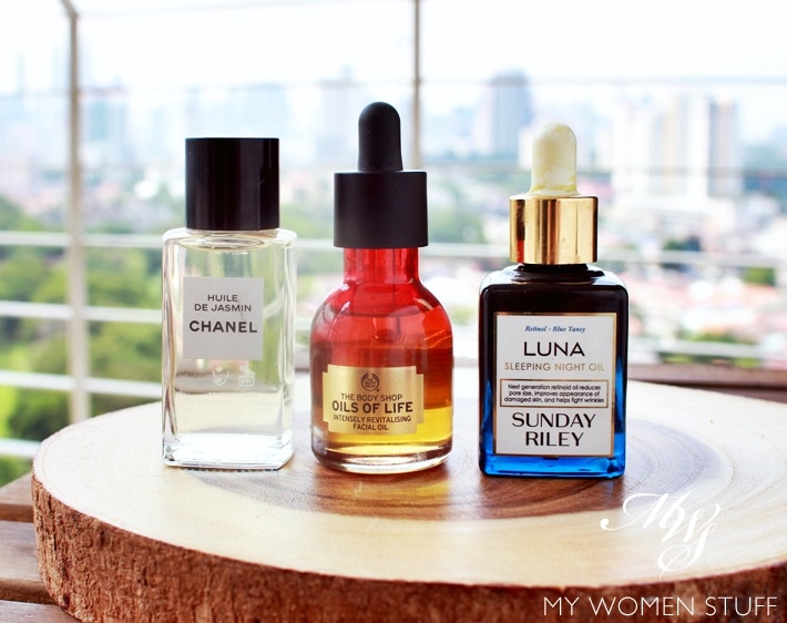 facial oil - chanel jasmin oil, body shop oils of life, sunday riley luna