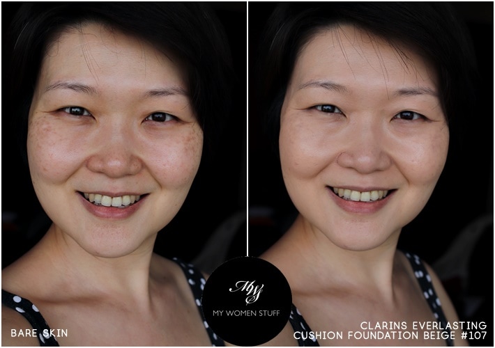clarins everlasting cushion foundation beige 107 before after
