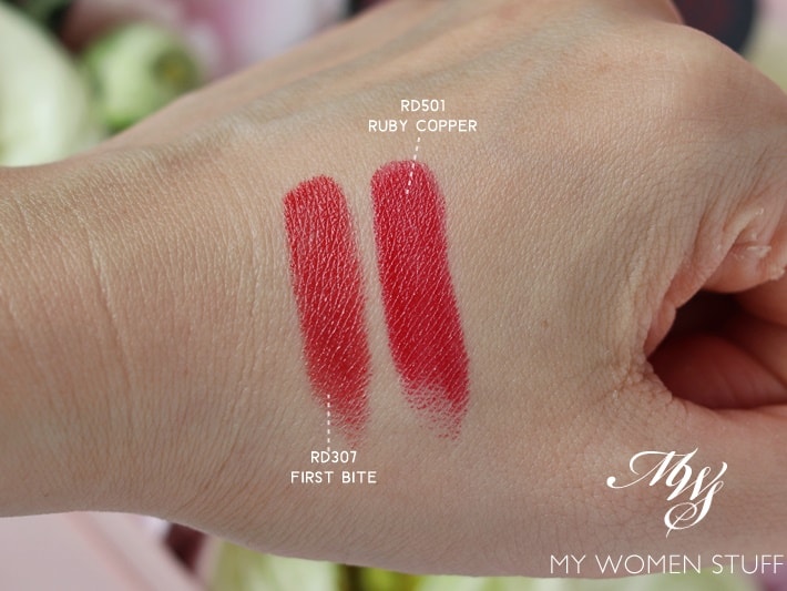 shiseido rouge rouge lipstick - rd307 first bite, rd501 ruby copper swatches