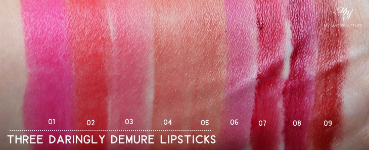 three daringly demure lipstick swatches