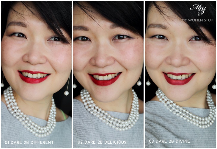 three daringly distinct lipstick swatches