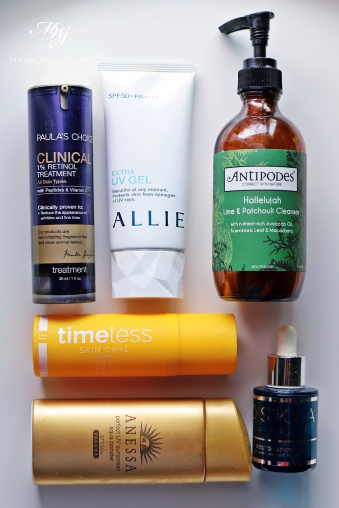 paula's choice retinol, allie sunscreen, timeless vitamin c, anessa sunscreen, oskia restoration oil, antipodes hallelujah