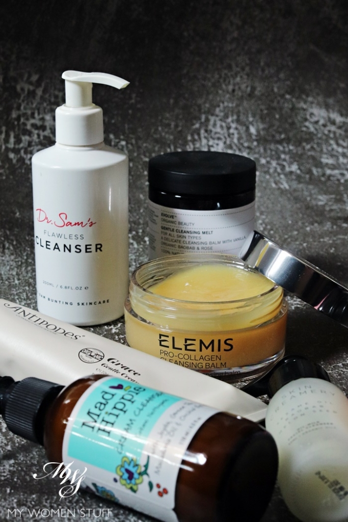 elemis pro-collagen cleansing balm, dr. sam's flawless cleaner, evolve beauty cleansing melt